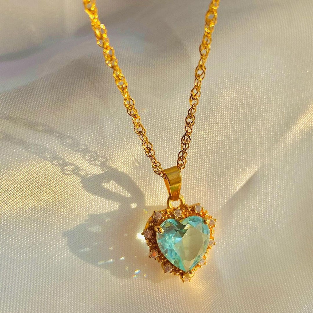 Rainbow Heart Necklace - Gold Rhinestone Clavicle Chain
