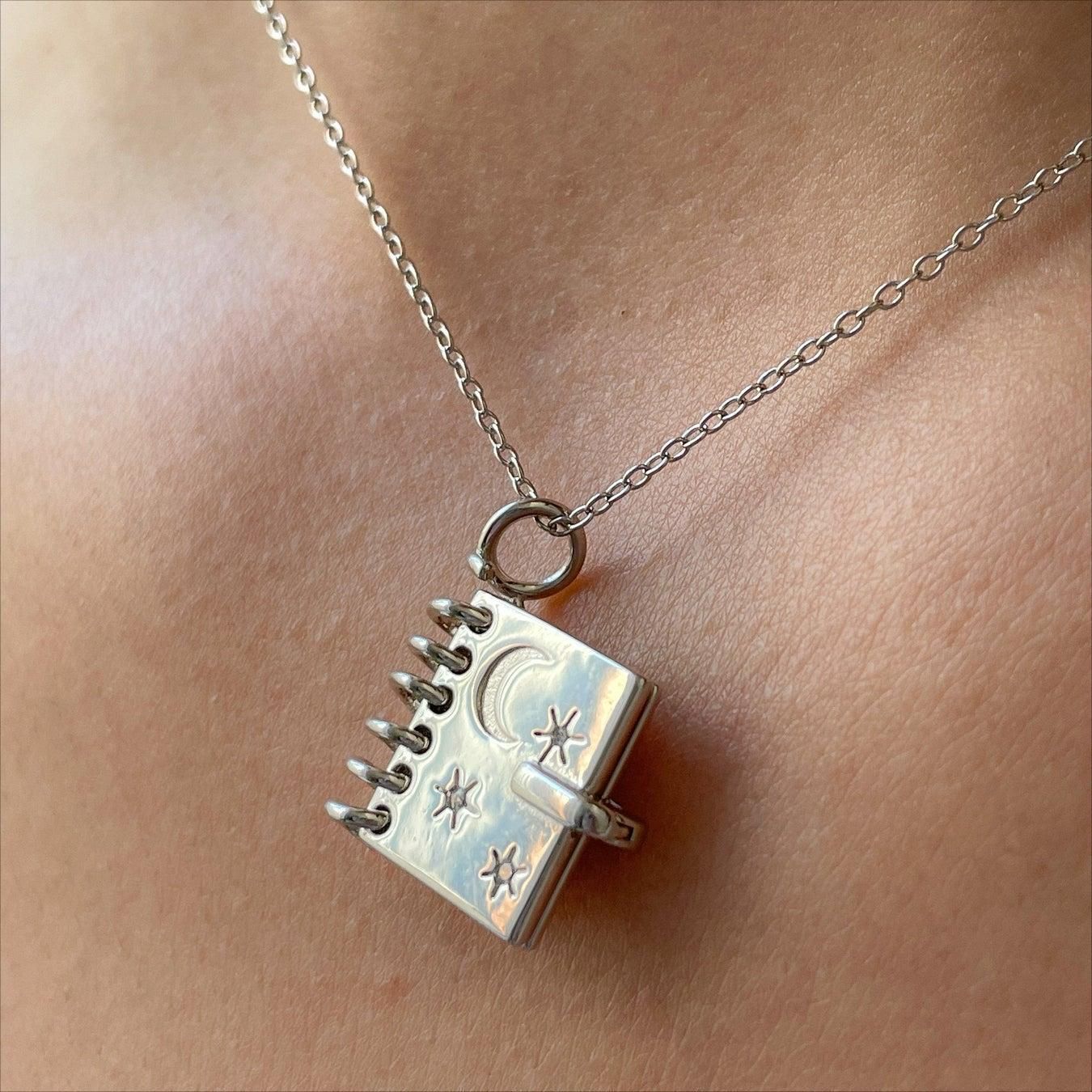 Love Book Locket Necklace - Engraved Stars & Moon Pendant