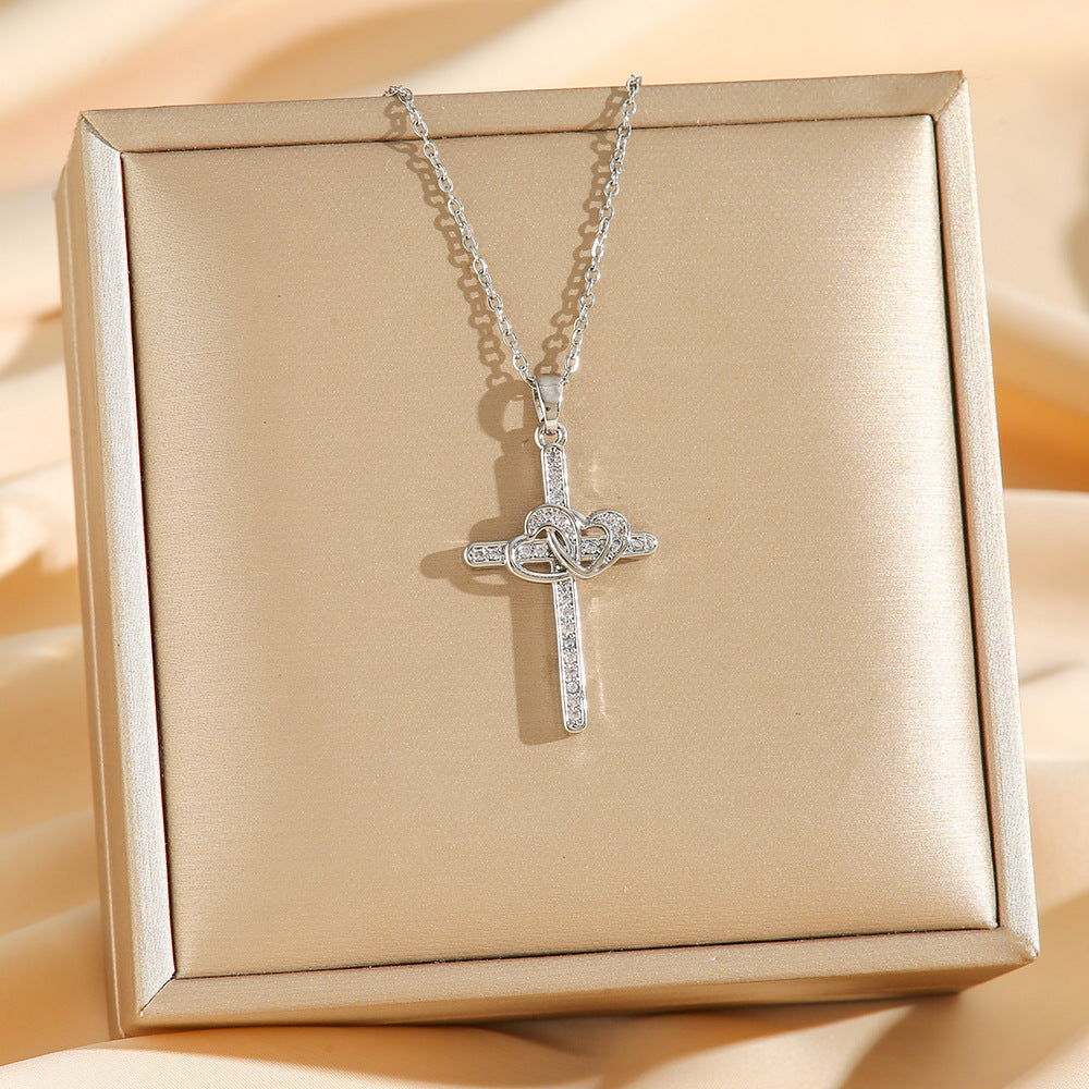 Cross Heart Zircon Pendant Necklace - Gold Plated Titanium Steel