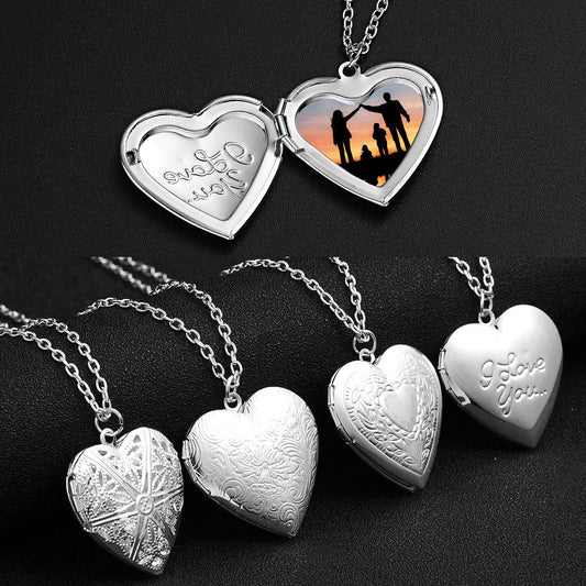 Heart Locket Photo Pendant Necklace - Carved Love Design